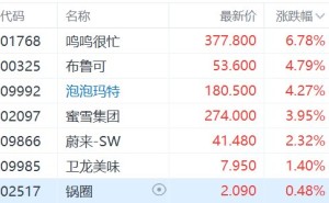 港股部分新消费概念走强，鸣鸣很忙涨超6%，泡泡玛特涨超4%