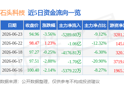 石头科技6月23日股价下跌3.56% 主力资金净流出超五千万 资金流向引关注