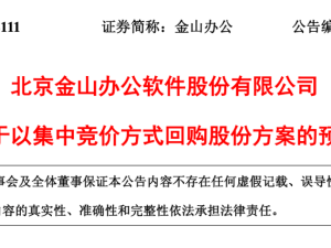 雷军等高层提议！金山办公拟2.5亿至5亿回购股份 用于员工激励促发展