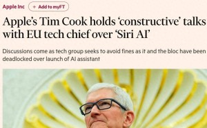 苹果库克与欧盟官员会谈，Siri AI欧洲上线遇阻双方僵局待解