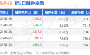 石头科技6月30日融资动态：融资净卖出82.43万元 融券净卖出1100股