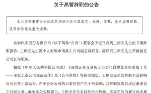 众泰汽车人事变动：副总裁王伊安辞职，罢免董事长议案相关两董事已离职，年内推新车