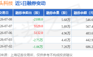 石头科技7月8日融资动态：融资净卖出81.31万元 融券净买入2108股 余额12.37亿