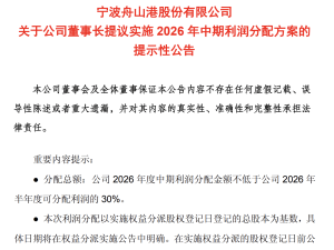 宁波港董事长朱苗提议2026年中期分红 上市以来持续高比例回馈投资者