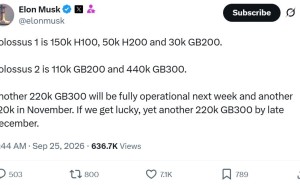 马斯克秀AI算力：计划年底前配110万张英伟达GB300 目标约6个月跻身行业领先